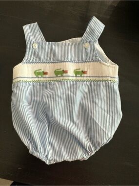 Blue & White Striped Baby Diaper Cover with Green Alligator Smocking